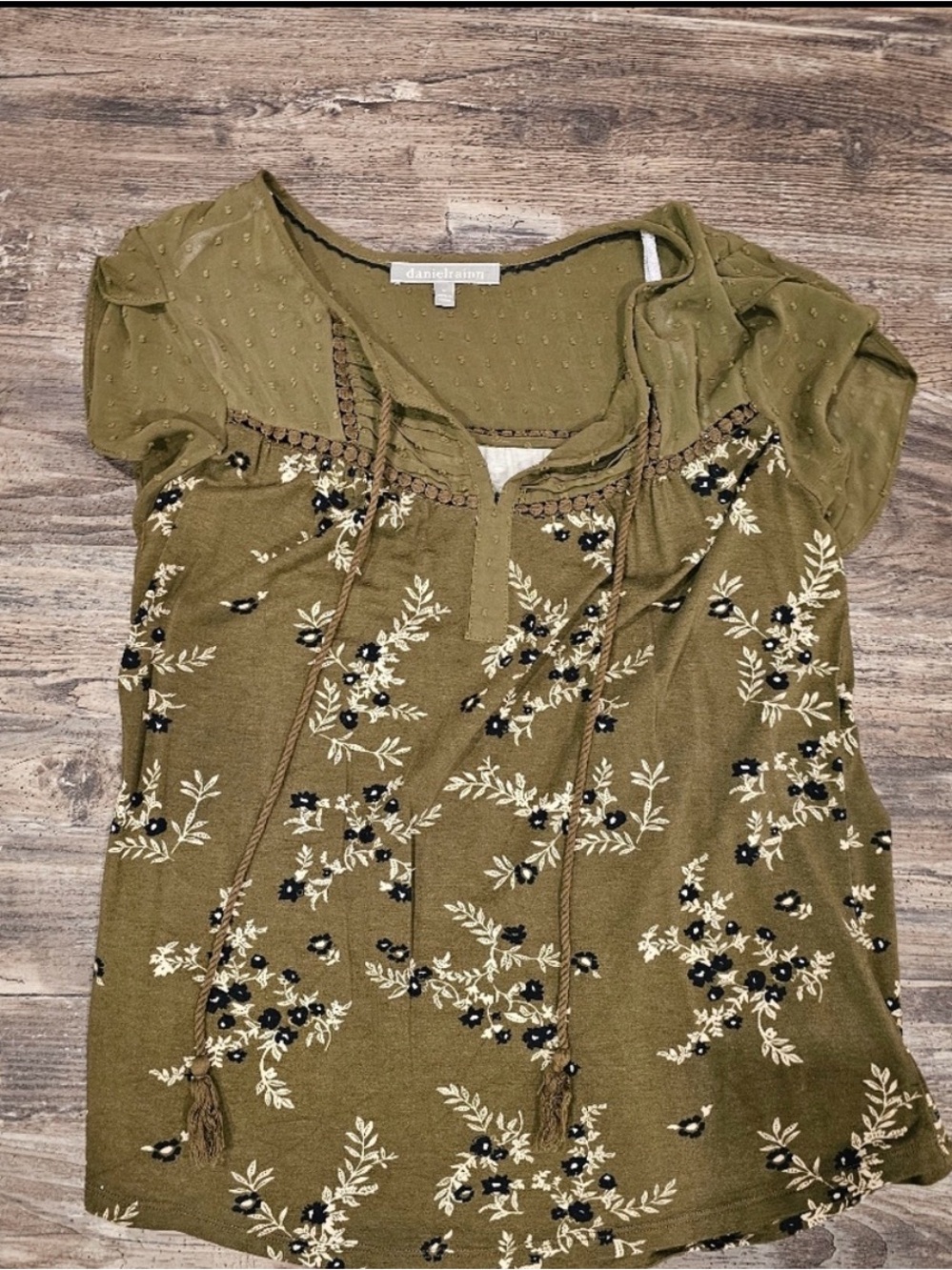 Daniel Rainn Olive Green Floral Tie-Front Blouse